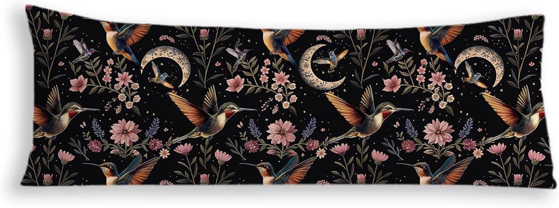 Exqcom Vintage Moody Dark Floral Hummingbird Moon Body Pillow Cover 20x54, Dark Academia Cottagecore Gothic Witchy Tropical Bird Long Body Pillow Case Cover with Hidden Zipper for Sofa Bed Home Room - Image 1